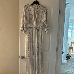 Forever 21 Long Sleeve White Dress with Navy Patterns